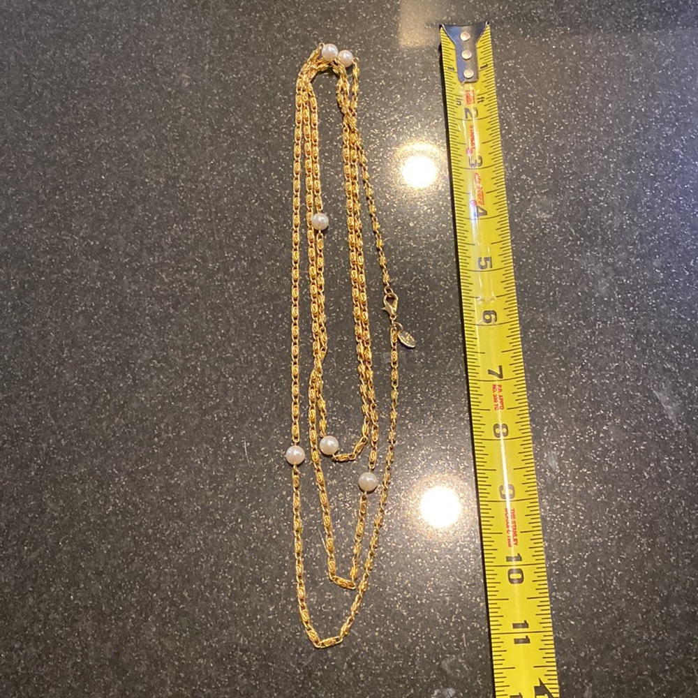 1990s Vintage Erwin Pearl Long Necklace, Gold Plated Metal, - Picture 3 of 4